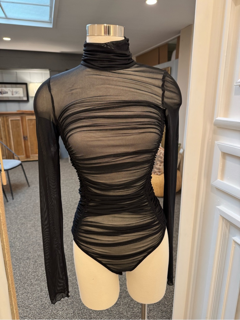 Free People Black Sheer Ruched Long-Sleeve Bodysuit